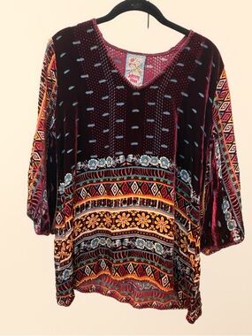 Johnny Was Burgundy Velvet Tunic with Multicolor Ethnic Print